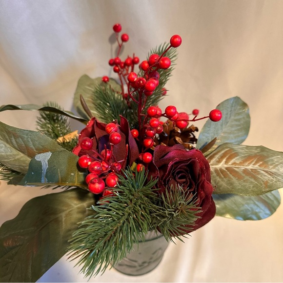 Festive Green and Red Silk Holiday Arrangement Roses Berries Pine in Metal Pot - Picture 7 of 7